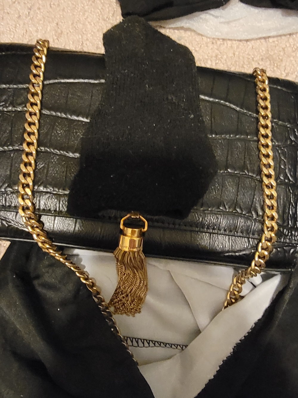 Black Croc-Embossed Chain Shoulder Bag with Gold Tassel